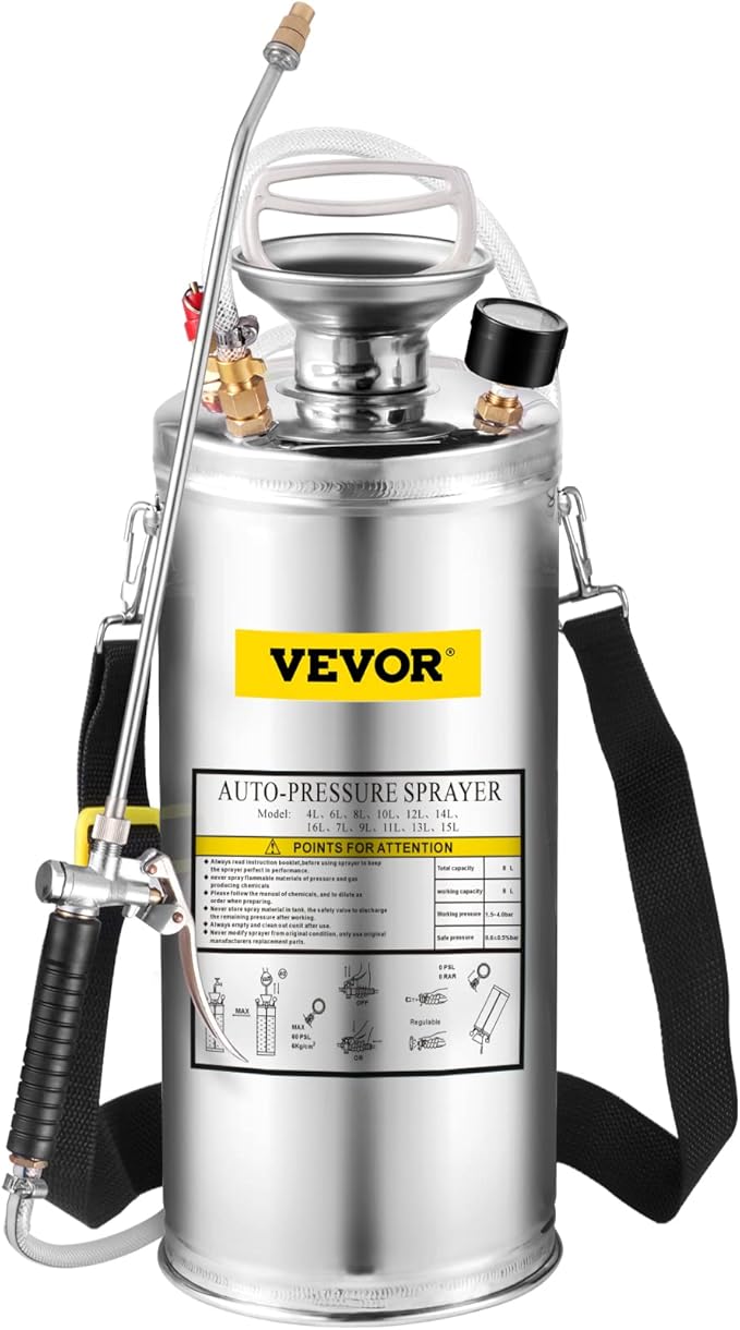 Happybuy 2 Gallon Stainless Steel Sprayer, 20" Wand & 3FT Reinforced Hose, Hand Pump Sprayer with Pressure Gauge, Safety Valve & Adjustable Nozzle, Weed Sprayers for Lawn, Gardening &Sanitizing1