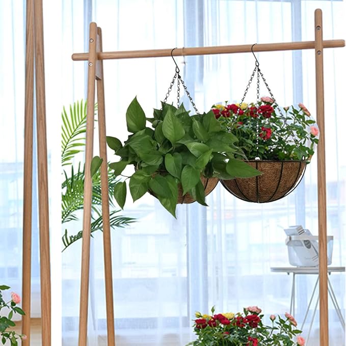 Hanging Plant Basket Flower Holder (2pack, 16 inch)-Metal Wire Round Hanging Basket Planter with Coco Fiber Liners for Plants Flower Pots Outdoor Garden Porch and Balcony Decor