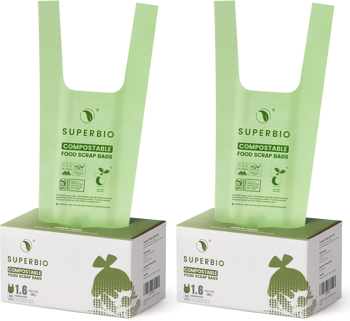 SUPERBIO 1.6 Gallon Handle Tie Compostable Food Scrap Bags, Small Compost Bags with Handles, 50 Count, 2 Pack, BPI & OK compost INDUSTRIAL