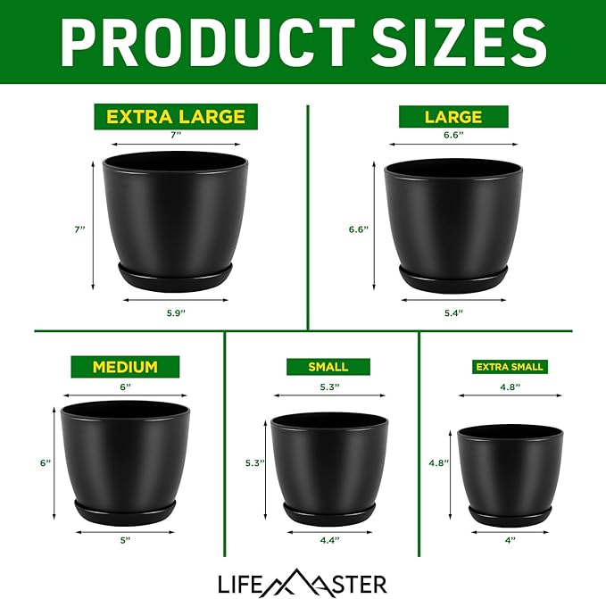 Plant Pots with Multi Drainage Holes - 5 Pieces Versatile, Sturdy Plastic, Stackable Design Home Decor Flower Pots for Indoor and Outdoor Gardening - Black