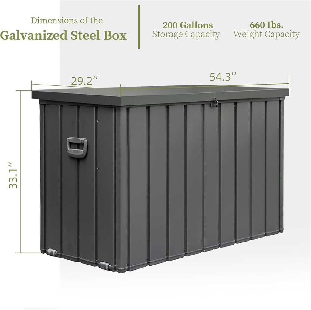 KUIKUI 200 Gallon Deck Box Waterproof, 200 Gallon Outdoor Storage Box, Metal Deck Box Waterproof for Pool Patio Cushions and Sports Pools Equipment, Dark Gray