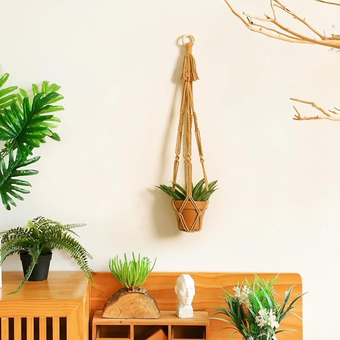 Artilady Plant Hanger Indoor Macrame Hanging Planters for Plants Holder Boho Brown Basket No Tassels Farmhouse Rustic Window Wall Decor