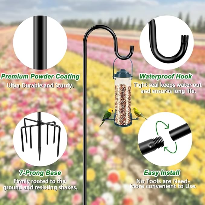 96" Shepherds Hooks for Outdoor, Heavy Duty Garden Bird Feeder Pole Hanging Bird Feeder, Solar Light Lanterns, Outdoor Plant Hanger Hook with 7 Base Prongs, 1 Pack
