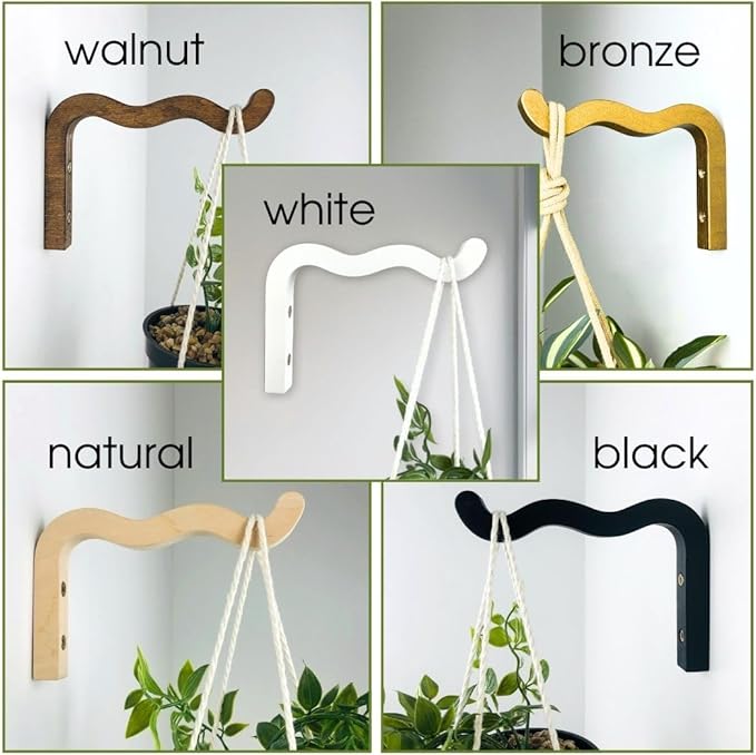 2-Piece Set of Wavy Wooden Wall Planters for Indoor Plants 6 Inch - Natural Plant Hook for Wall Plant, Wind Chimes, Flower Brackets, Patio Garden Decorations - Bracket Plant Hanger (Black)