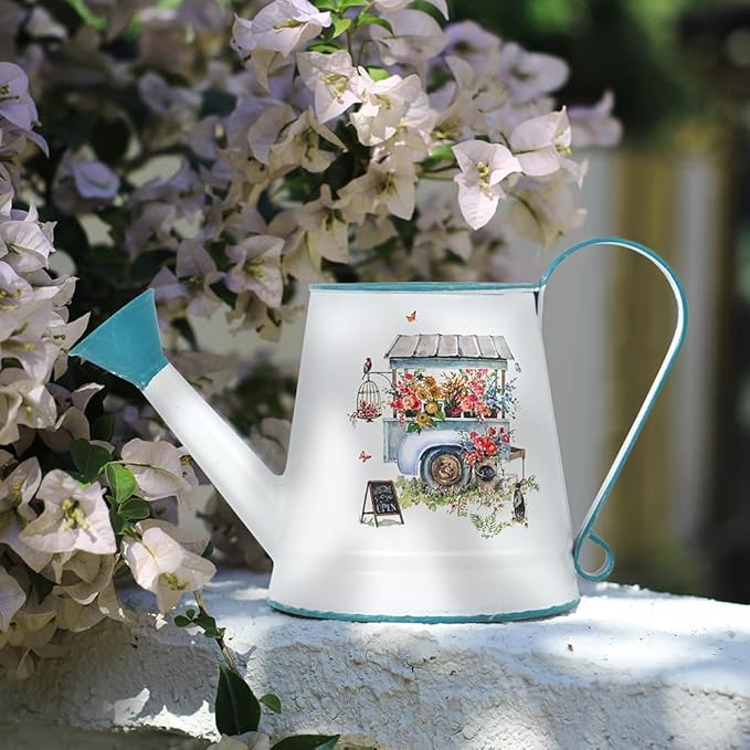 Cute Small Watering Can Indoor Plants Garden Metal Decorative Watering Cans for Outdoor Plants Bonsai Outdoor Garden Flower Decorative (White Blue, 1.5L, 50.7 Oz)