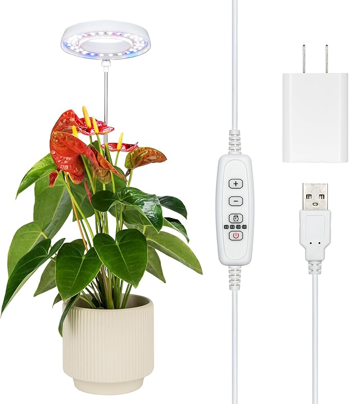 Grow Light for Indoor Plants, Full Spectrum 48LEDs Small Grow Light, Plant Light Super Bright with 4/8/12/18H Auto Timer, Dimmable, Adjustable Height 7"-17", Halo Φ3.5", Power Cord 78", Plug Included
