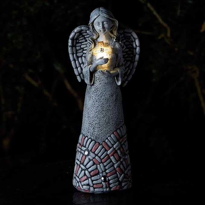 Angel Garden Statues Outdoor Solar Decor Gifts for Women Cross Praying for Cemetery Backyard Lawn Yard Decoration（10.24inch）