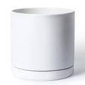 D'vine Dev 12 Inch Ceramic Planter Pot with Drainage Hole and Saucer, Indoor Cylinder Round Planter Pot, White, 94-O-F-1