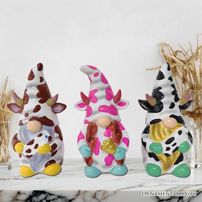 Spring & Summer-Themed Garden Statues – Adorable Outdoor Decor for Lawn, Patio & Porch (Cow Gnome Trio Mini Statue Set of Three, 5" Miniature Figurine and Unique Farm Resin Garden Statue)