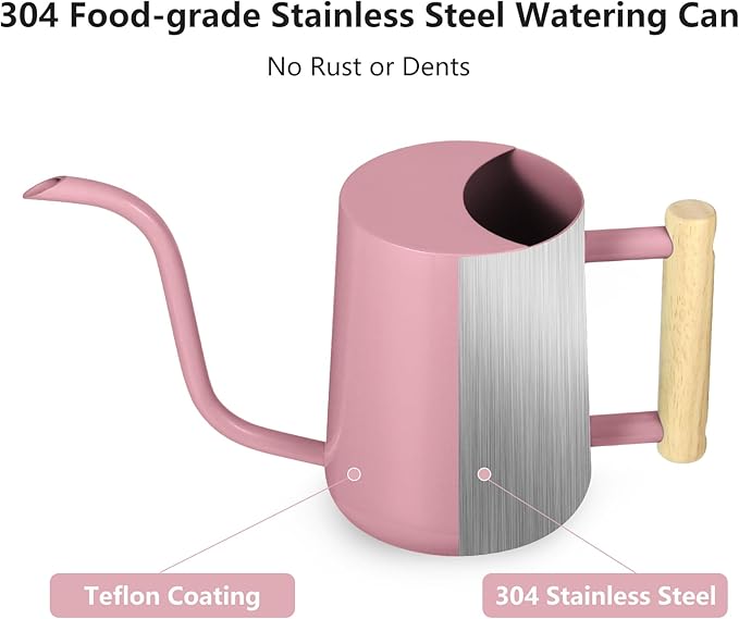 Watering Can Indoor Plants, 35oz Small Watering Can Indoor Stainless Steel Metal Watering Can Modern Decorative Watering Pot with Long Spout for Indoor House Plant Bonsai Garden Flowers (Pink)