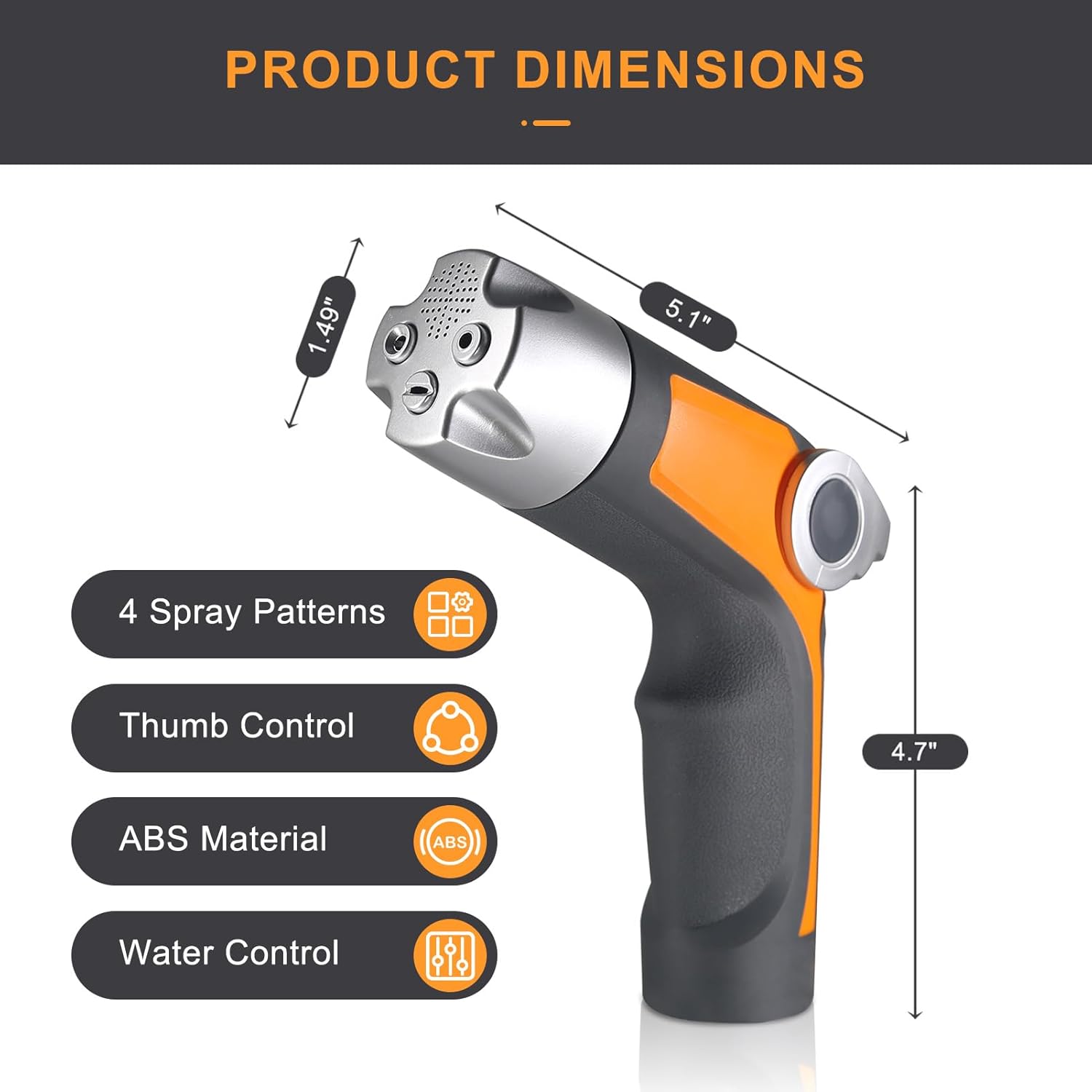 Heavy Duty Garden Hose Nozzle Sprayer - 4 Spray Patterns, High Pressure, Thumb Control Flow Valve w/On-Off, Washers for Watering, Car & Pet Washing