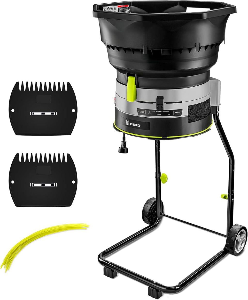 Electric Leaf Mulcher/Shredder: DEKOPRO 13-Amp 8200RPM Motor for 17:1 Reduction Ratio, Adjustable Control Dia with Leaf Scoops Spade and 20 Cutting Lines