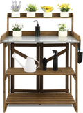 Folding Garden Potting Bench Table，Outdoor Wooden Work Station W/Metal Table Top,2 Tier Open Storage Rack,Top Shelf-Natural Stained