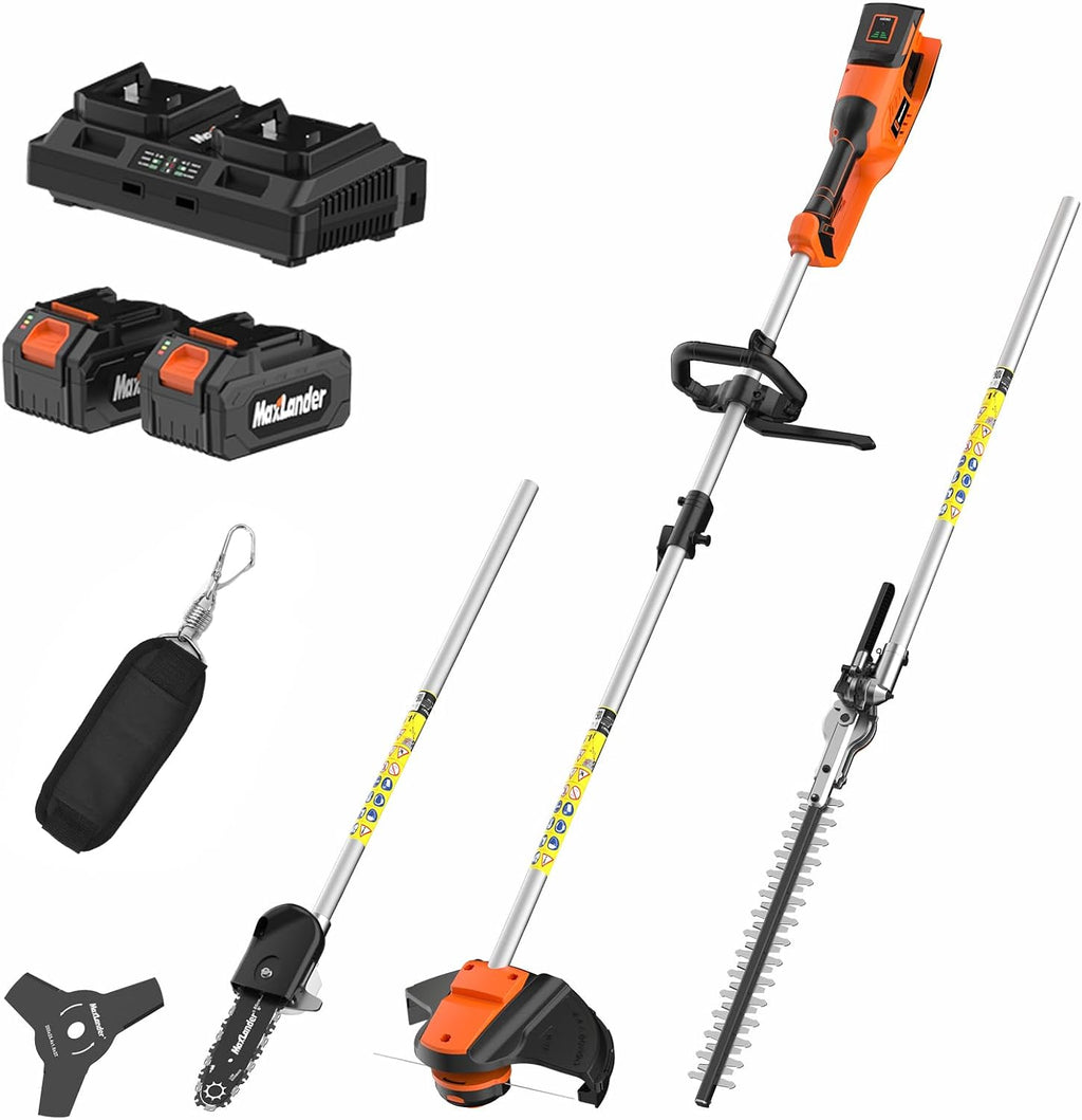 MAXLANDER 40V Hedge Trimmer, Weed Wacker Cordless, 8" Electric Pole Saw and Brush Cutter Blade, 4-in-1 Multi Garden Tools with 2 * 20V 4.0Ah Batteries and 1*Charger