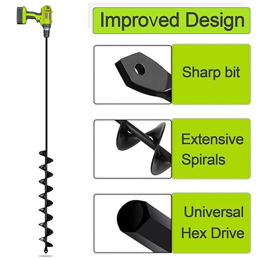 TCBWFY 2x32 Inch Auger Drill Bit for Planting - Long Handle Easy Planter Garden Auger - Bulb & Bedding Plant Augers - Post Hole Digger for 3/8”Hex Drive