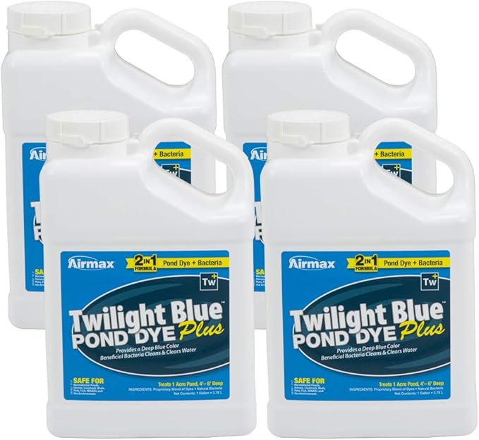 Airmax Pond Dye Plus, Twilight Blue Colorant & Natural Beneficial Bacteria, Large Pond & Lake Water Clarifier & Color Treatment, Shade Plants & Algae from Sunlight, Fish & Livestock Safe, 4 Gallons