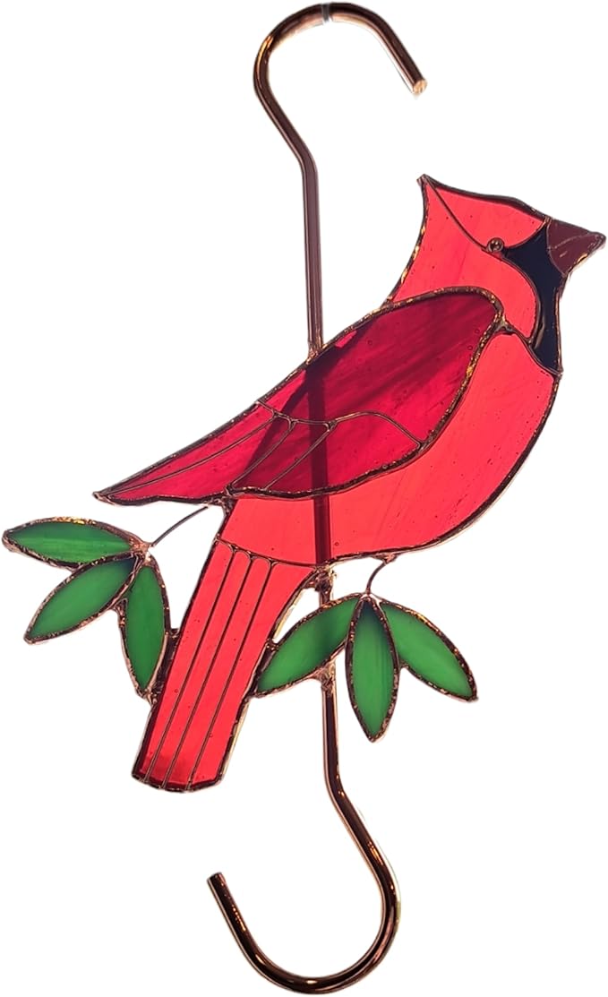 Stained Glass Hanging Plant Hook - Red Cardinal Sun Catcher with Copper S Hooks Top and Bottom for Indoor and Outdoor Use