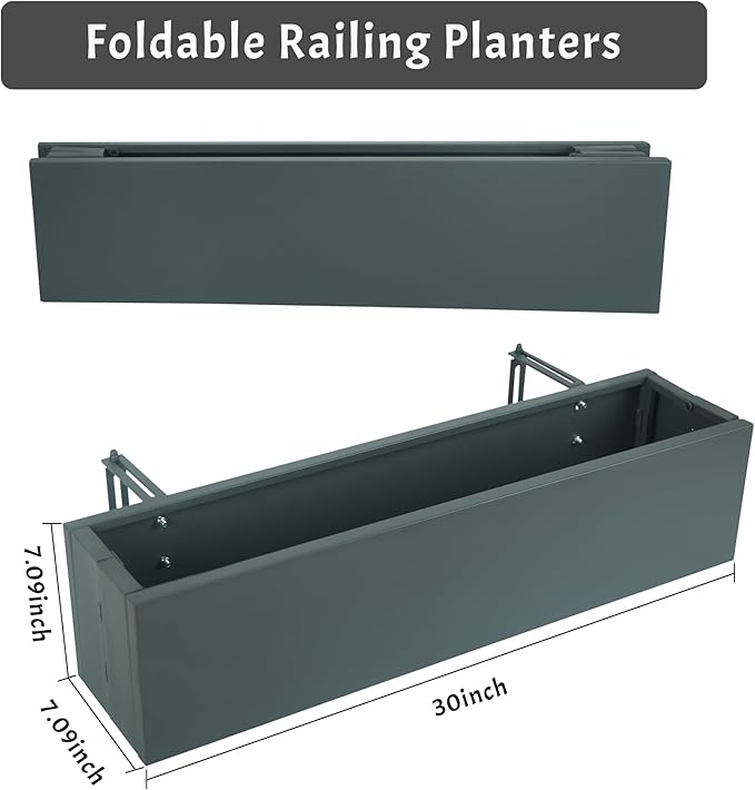 2 Pack Metal Railing Planter Box, 30 Inch Balcony Planters with Adjustable Brackets, Large Hanging Planters for Outdoor Fence Deck