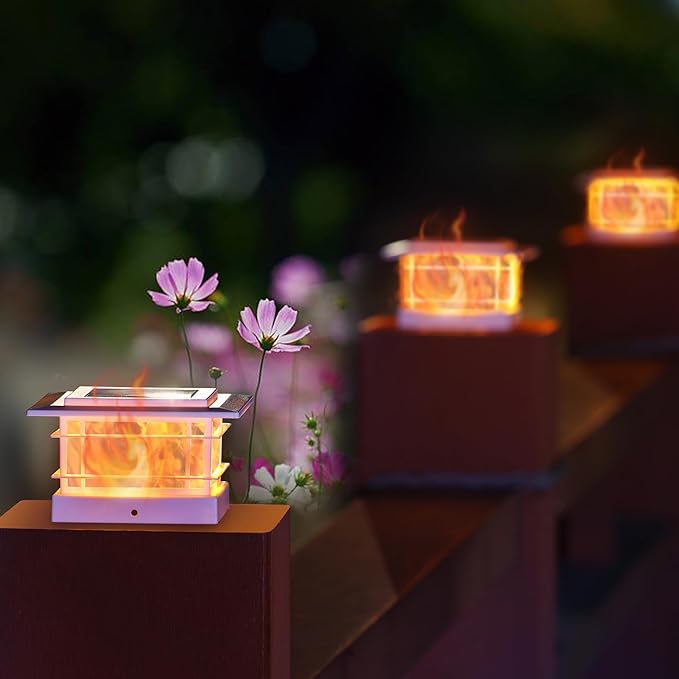 Dynaming 2 Pack Solar Flame Post Lights Outdoor, Solar Powered Fence Post White Shell Cap Light, High Brightness Flickering Flame LED Lighting for Garden Deck Patio, Fit 4x4 5x5 6x6 Vinyl/Wooden Posts