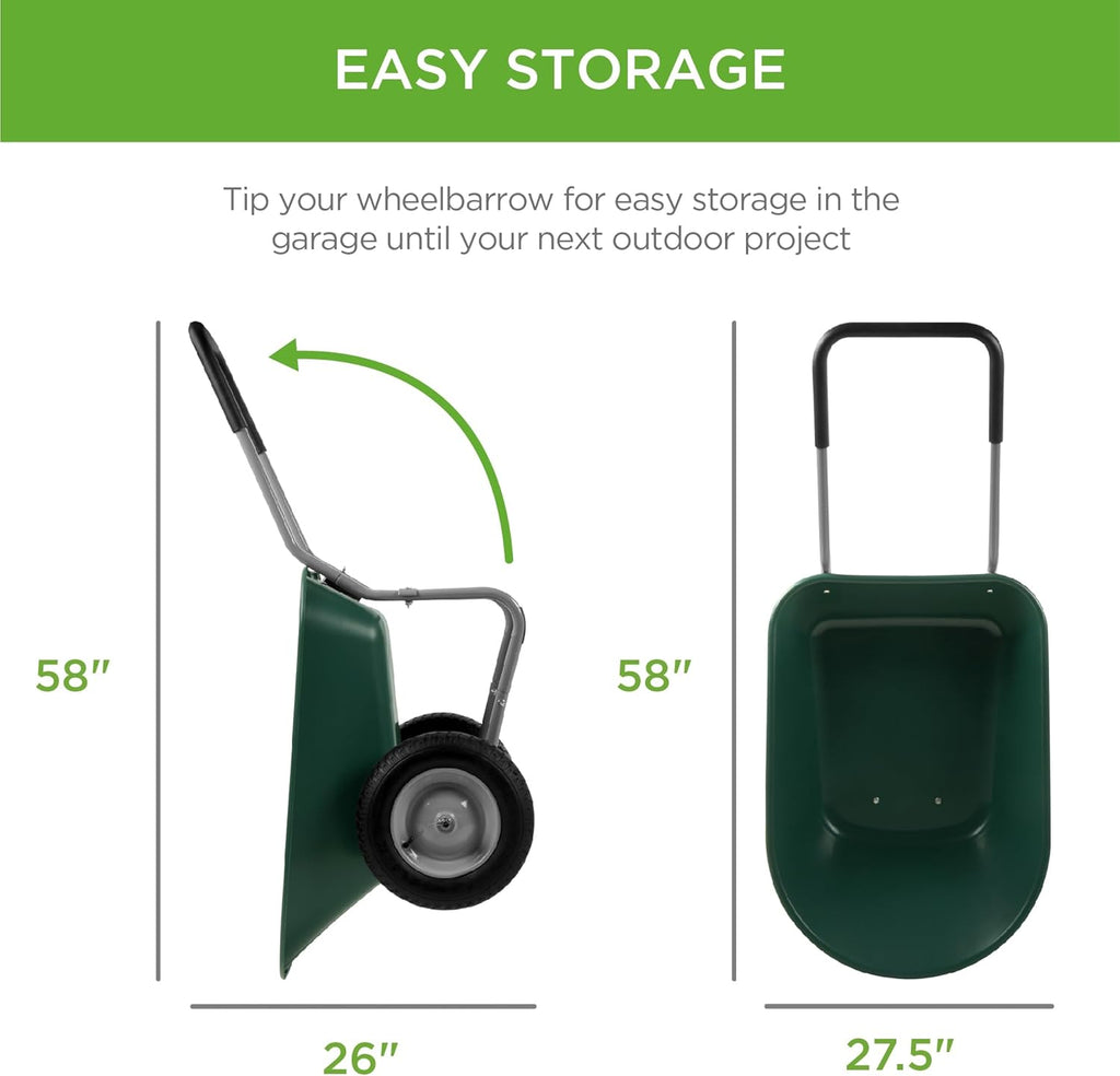 Best Choice Products Dual-Wheel Home Utility Yard Wheelbarrow Garden Cart w/Built-in Stand for Lawn, Gardening, Construction - Green