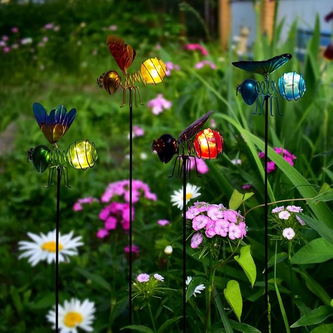 Insects Solar Garden Lights, 22.4" H Butterfly & Bee & Dragonfly & Ladybug Solar Stake Light, 4 Pcs Outdoor Statues Figurine Lights for Spring Garden Lawn Patio Yard Decoration