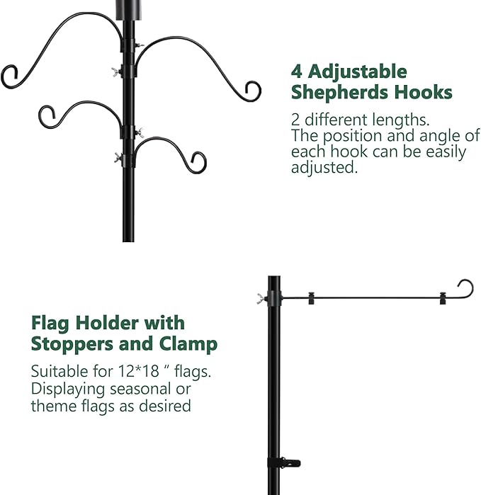 Solar Shepherds Hooks with Hand Blown Glass Lamp, Decorative RGB Lights, 4 Hooks & 1 Flag Holder, Heavy Duty Stand for Hanging Hummingbird Feeder, Bird Feeder, Plant, Garden Path Light (Red)
