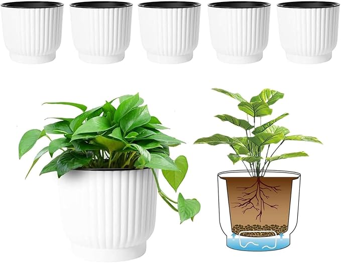 T4U 4.5 Inch Self Watering Pots for Indoor Plants, 6 Pack White Plastic Flower Pots for All House Plants, Flowers, African Violets