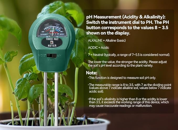 3-in-1 Soil pH Meter - Moisture, Light, and pH Tester for Garden, Lawn, Farm, Indoor & Outdoor Plant Care, Green