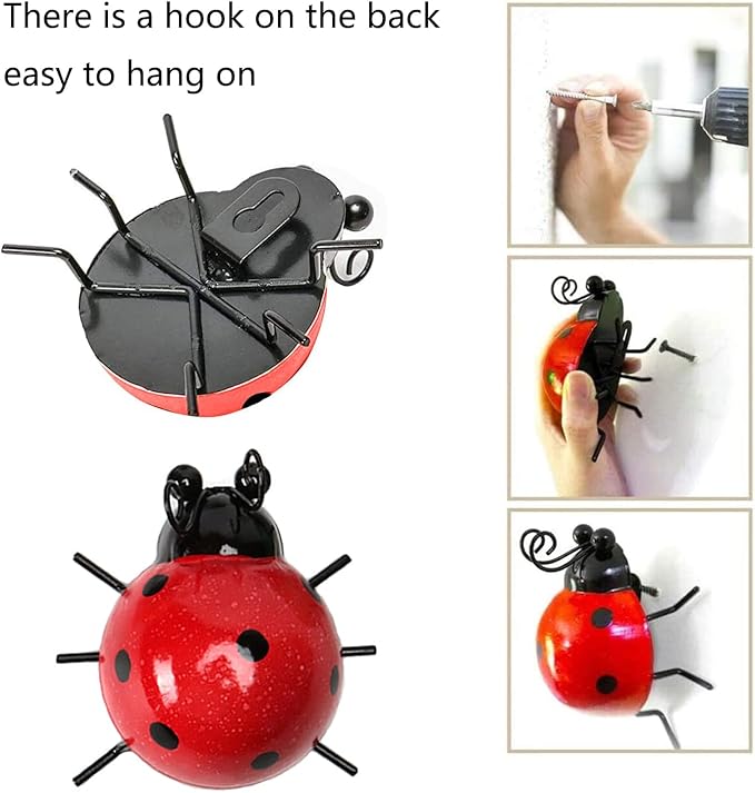 Metal Garden Decor for Outside Cute Ladybugs Yard Art Lawn Ornaments Wall Sculptures & Statues Outdoor Fence Decorations for Patio - Set of 4