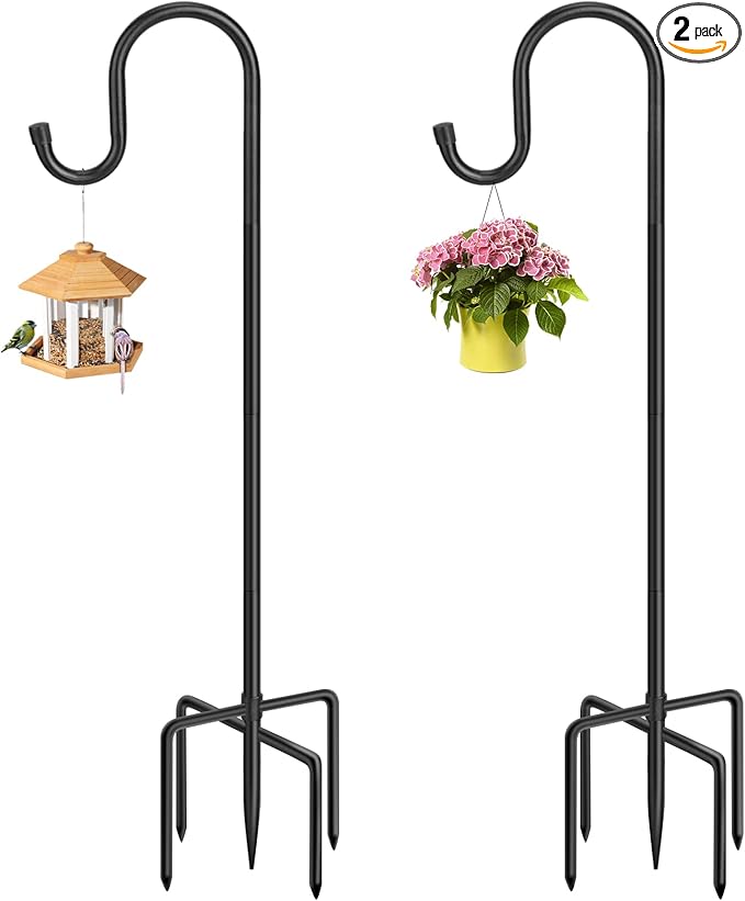 36 Inch Shepherds Hooks for Outdoor, Heavy Duty Bird Feeder Pole with 5 Prong Bases, Garden Hanging Stake for Bird Feeder, Solar Light, Plant Hanger, Wedding Decor, Metal Hanger Hooks, Black, 2 Packs