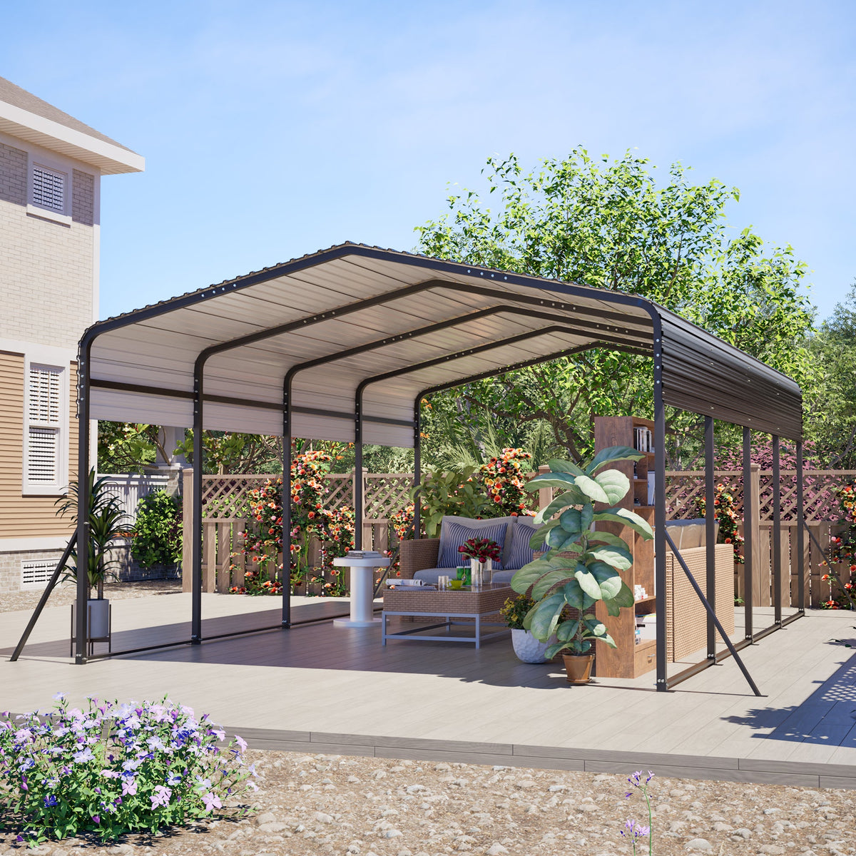13x20 FT Metal Carport,Garage with Upgraded Triangle Reinforced Frame&4 Poles,Galvanized Steel Hardtop Roof,Heavy-Duty All-Weather Shelter for Car,Truck,Boat,Outdoor Storage