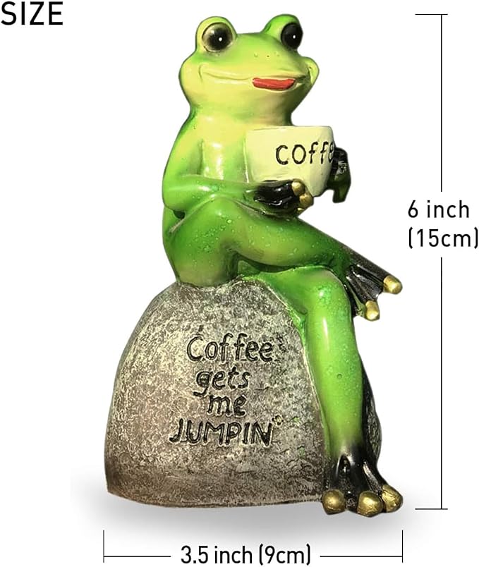 OwMell Frog Statue for Garden, Drinking Coffee Green Frog Figurine for Outdoor Decor Yard and Garden Decoration Resin Sculpture 6 Inches