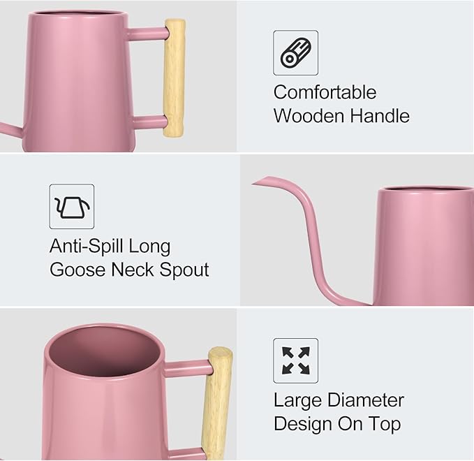 Watering Can Indoor Plants, 35 oz/1000 ml Metal Stainless Steel Watering Can Pot with Long Spout for Indoor House Plants Bonsai Outdoor Garden Flower Decorative (Pink)