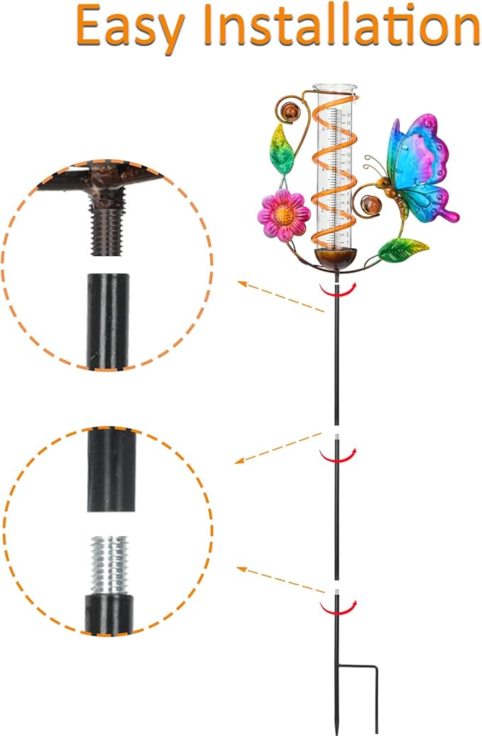 LEWIS&WAYNE 36.3” Butterfly Rain Gauge Outdoor, 7” Glass Tube Solar Powered 10 Warm White LEDs Garden Metal Stakes Decorative Waterproof for Yard Garden Patio Lawn