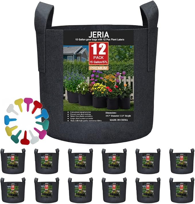JERIA 12-Pack 15 Gallon, Vegetable/Flower/Plant Grow Bags, Aeration Fabric Pots with Handles (Black), Come with 12 Pcs Plant Labels