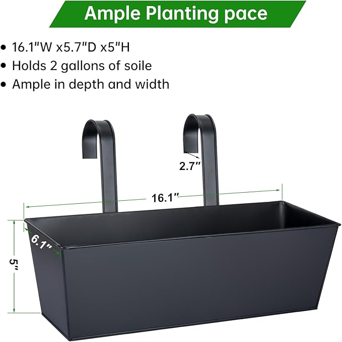 OGIMA 16-Inch Railing Planter Box, 3 Pack Large Hanging Planters for Outdoor Plants with Adjustable Wide Hooks for 2.7'' Railings - Balcony Planters Railing Hanging for Deck, Fence & Patio Decor