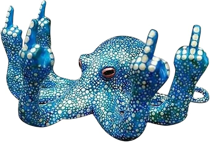 Middle Finger Octopus，Middle Finger Statue，Weird Decor Suitable for Indoor and Outdoor Garden Home Various Fish Tank Decoration (Blue)