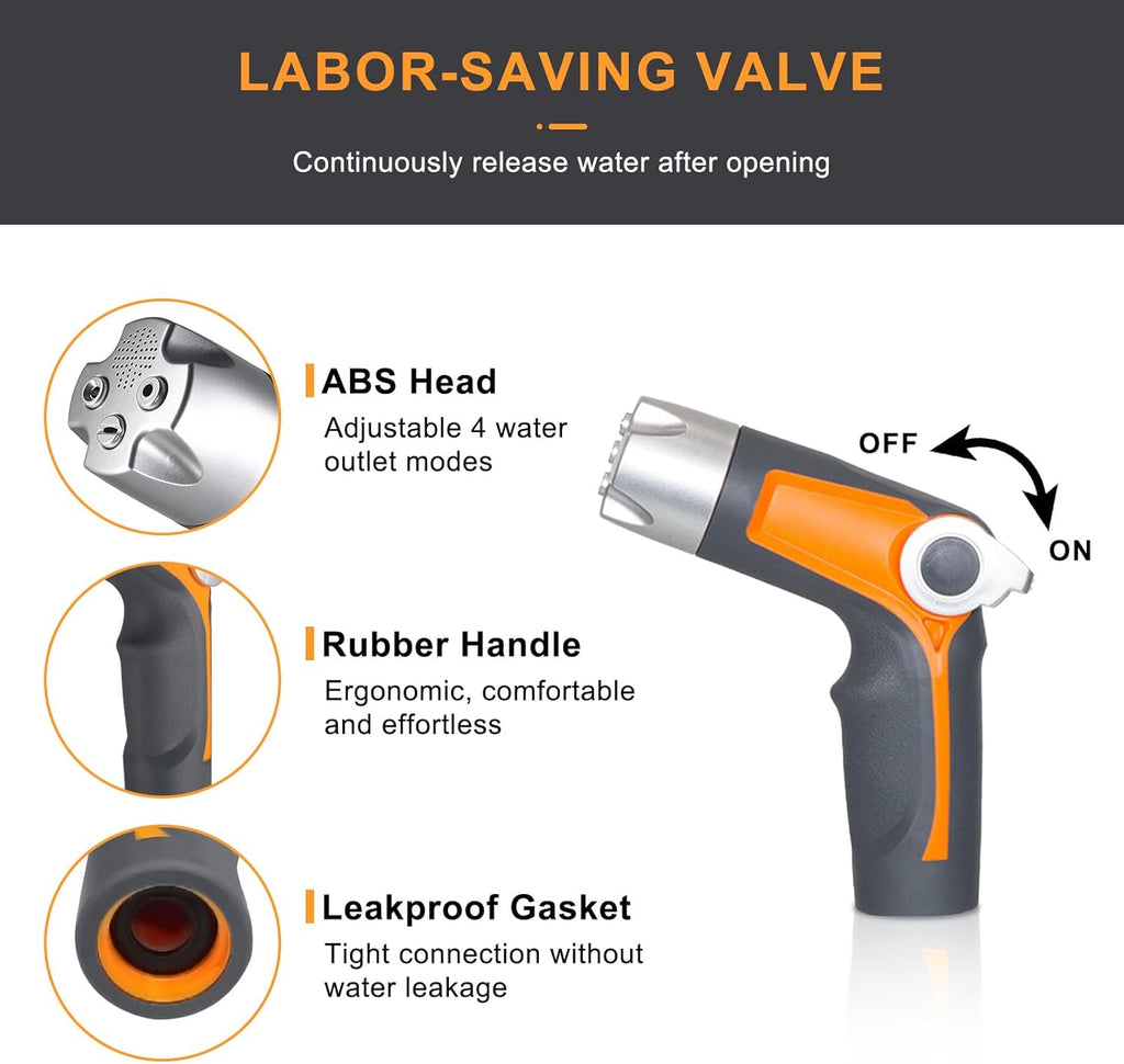 Heavy Duty Garden Hose Nozzle Sprayer - 4 Spray Patterns, High Pressure, Thumb Control Flow Valve w/On-Off, Washers for Watering, Car & Pet Washing