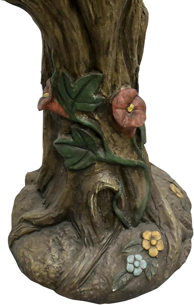 SunJet 25.5 Inch Heigh Wood-Look Concrete Bird Bath with Decorative Faux Bird – birdbath Rustic & Long-Lasting Design, Enhances Garden, Patio, Yard, Lawn Décor
