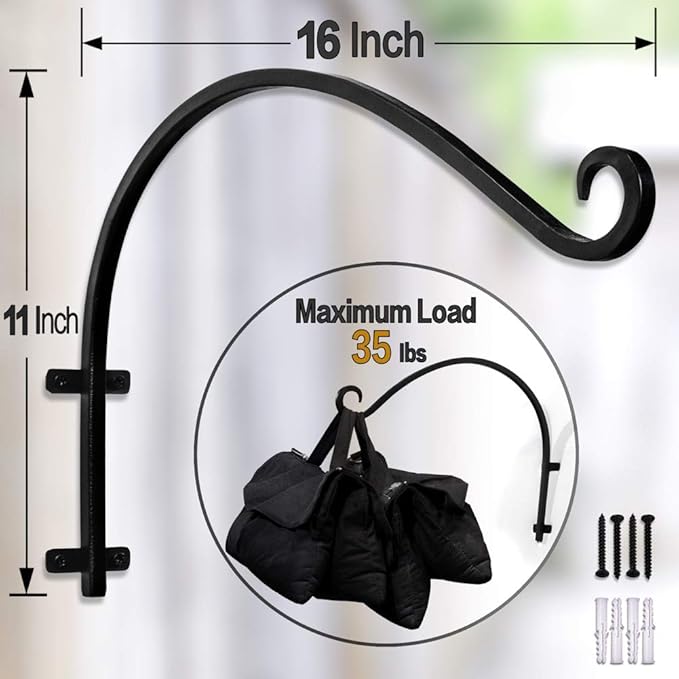 AJART Plant Hanger Bracket Outdoor: 16-Inch Metal Bird Feeder Wall Hooks - 2 Pieces Heavy Duty Plant Hanger Hook for Hanging Flower Baskets