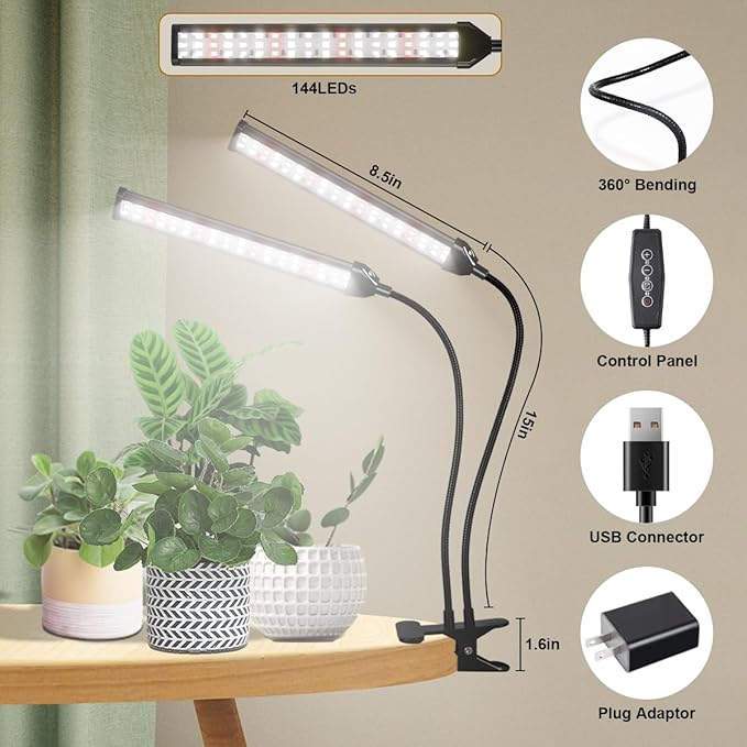 Grow Light LED Gooseneck Lamp,6500K 80W Full Spectrum 144 LED Plant Lamp Clip-on Desk for Indoor Plants Growing, Timer Setting 4/8/12/18H & 5 Dimmable Levels