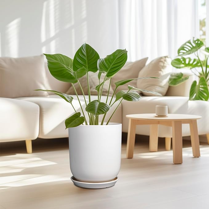 Pots for Plants - 10 Inch Ceramic Plant Pot with Drainage Hole and Saucer Large Planter for Plants Indoor Outdoor Modern Flower Pot for Home Decor White