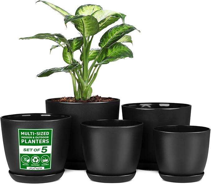 Plant Pots with Multi Drainage Holes - 5 Pieces Versatile, Sturdy Plastic, Stackable Design Home Decor Flower Pots for Indoor and Outdoor Gardening - Black