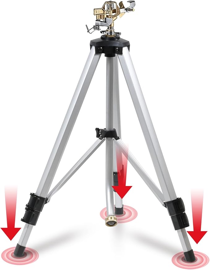 YAMATIC Impact Sprinkler on Adjustable Tripod Base, 360 Degree Large Area, Heavy Duty Adjustable Pulsator Sprinkler for Lawn, Yard and Grass Irrigation, Spray up to 20-90ft(Brass Head)