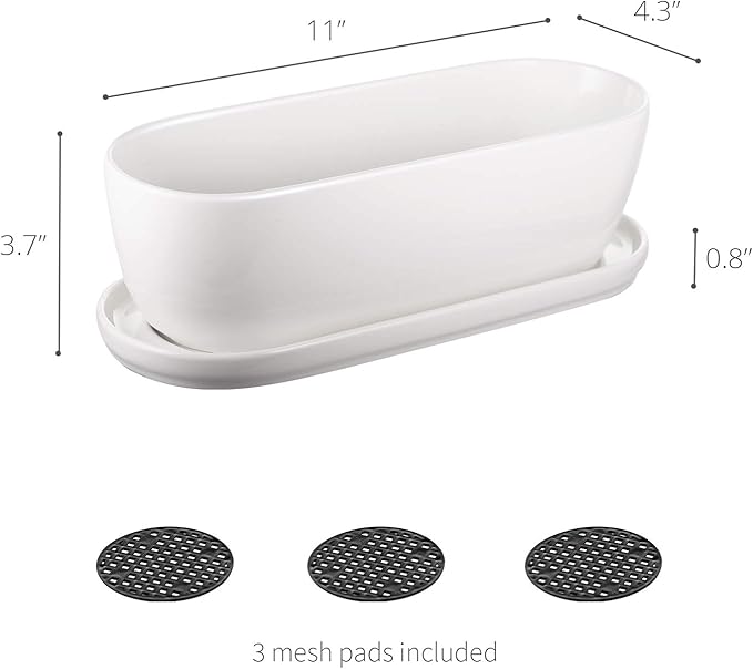 Oval Ceramic Planter Pot with Drainage Hole Saucers 11 Inch Succulents Planter Home Decor for Indoor Outdoor Plants Herb Cactus with 3 Mesh Pads, Plants Not Included