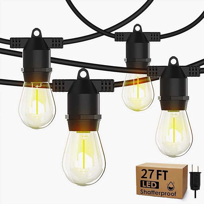 Led String Lights Outdoor 27Feet S14 Patio Light, Edison Shatterproof Bulbs Weatherproof Strand, Commercial Grade Patio Lights, Decorative for Garden or Patio