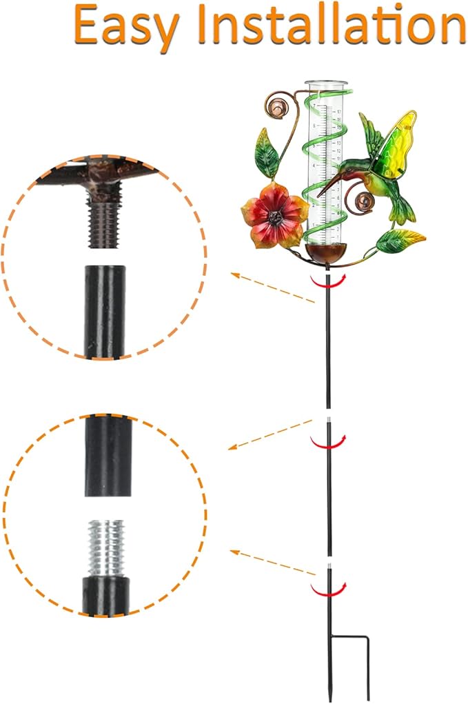 LEWIS&WAYNE 36.3” Hummingbird Rain Gauge Outdoor, 7” Glass Tube Solar Powered 10 Warm White LEDs Garden Metal Stakes Decorative Waterproof for Yard Garden Patio Lawn