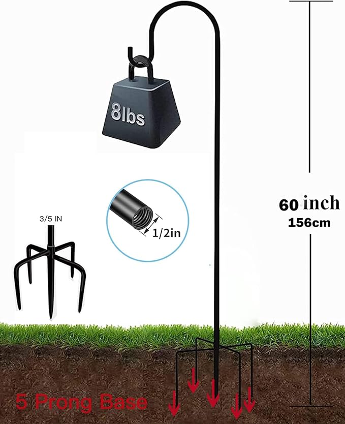 Shepherd Hook for Outdoor with 5 Prong Base, 2PCS 60IN Inches Garden Bird Feeder Pole for Hanging Bird Feeder, Plant Baskets, Solar Light Lanterns, Outdoor Plant Hanger Hook