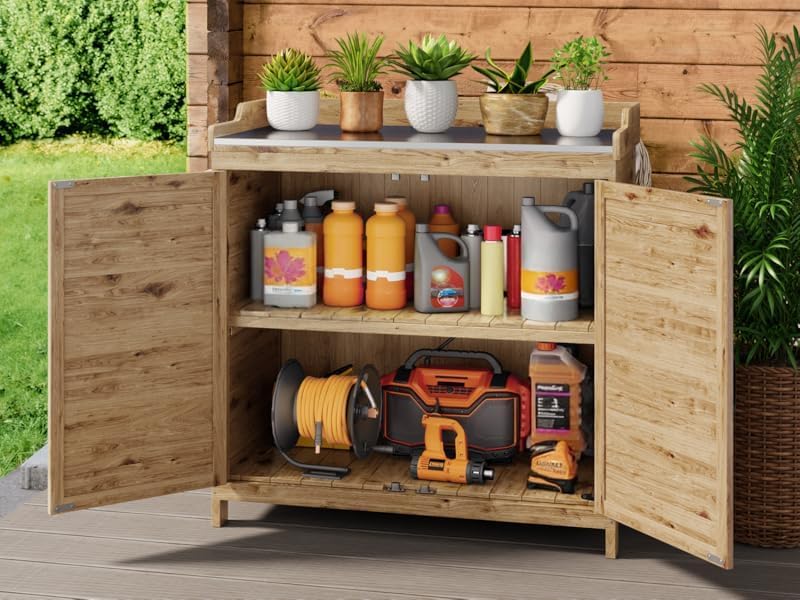 Gizoon Outdoor Potting Bench with Metal Tabletop, Outdoor Garden Patio Wooden Storage Cabinet with Adjustable Shelf, Double Doors Garden Work Bench for Backyard, Patio, Lawn - Natural