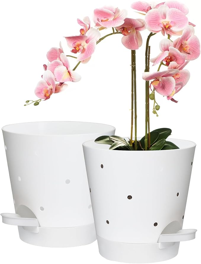 Orchid Pots with Holes, 6 Inch Self Watering Orchid Pot 2 Pack Plastic Plant Pots for Orchid, Flower (White)